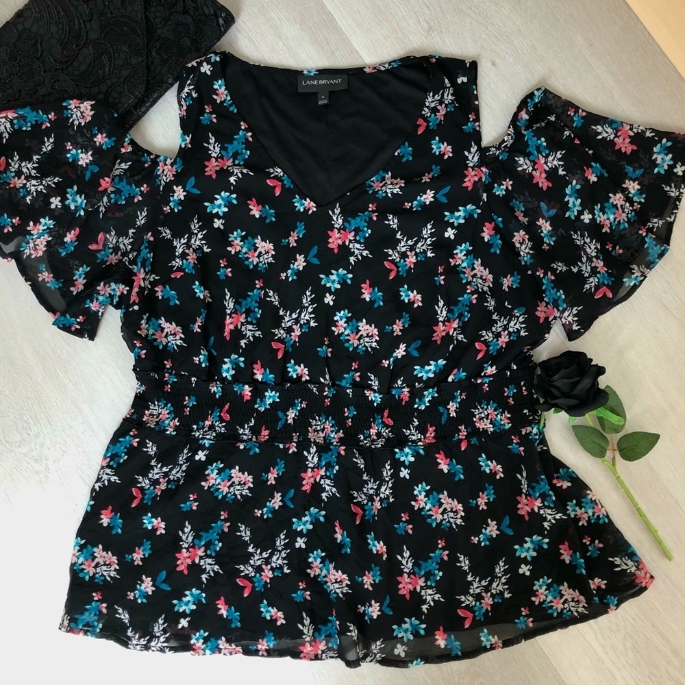 Black Floral Flutter Sleeve Print Open Shoulder Top Size 16